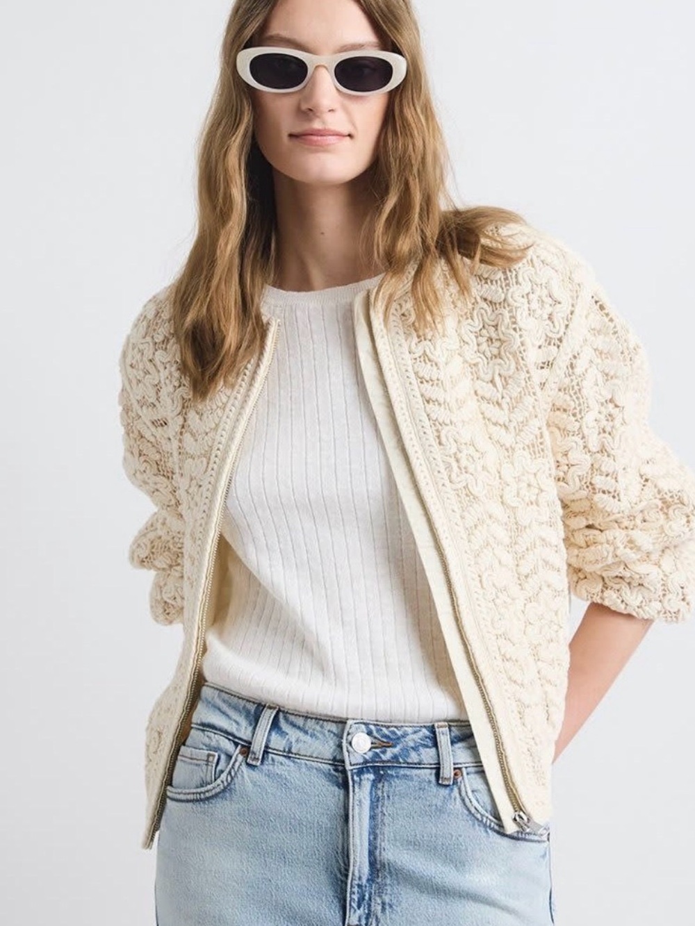 RW&CO Cream Crochet Bomber Jacket
